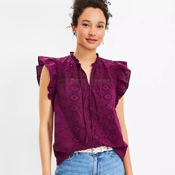Loft Purple Petite Eyelet Ruffle Tie Neck Top Size S - Picture 1 of 7